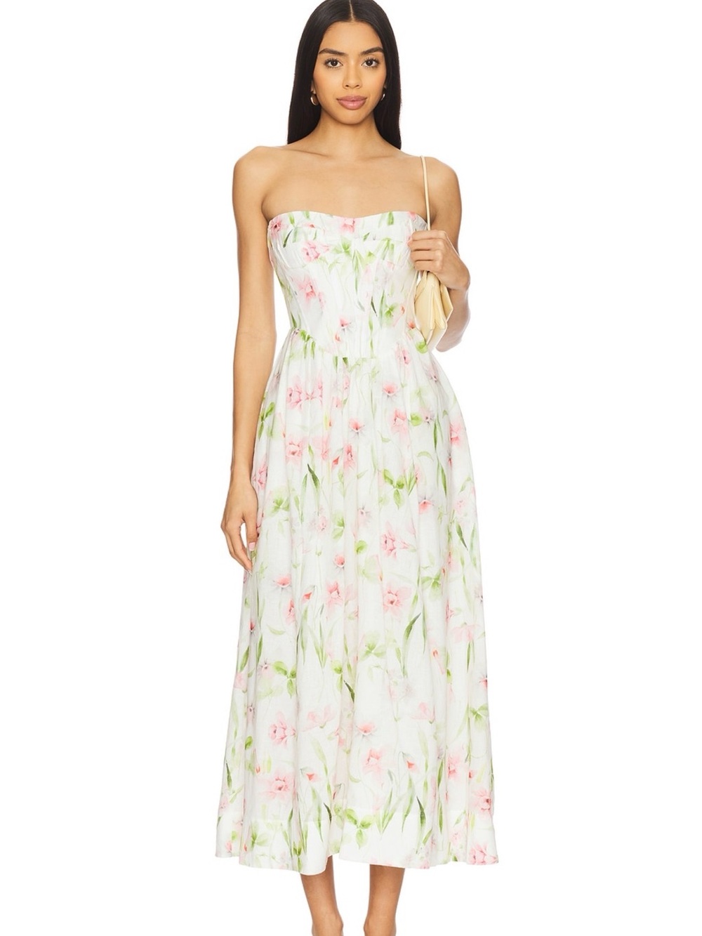 Bardot Lola Corset Midi Dress with Pink & Green Print